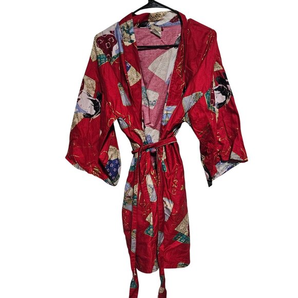 Vintage Red Kimono Robe Japanese Geisha Print Gold Accent Tie Belt Made In Japan - Picture 1 of 7